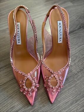 Aquazzura Pink Crystal-Embellished Slingback Pumps size 35